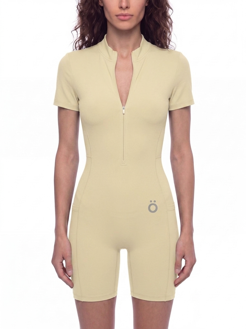 Maxima Quarter-Zip Short Sleeve Romper - In Apricot