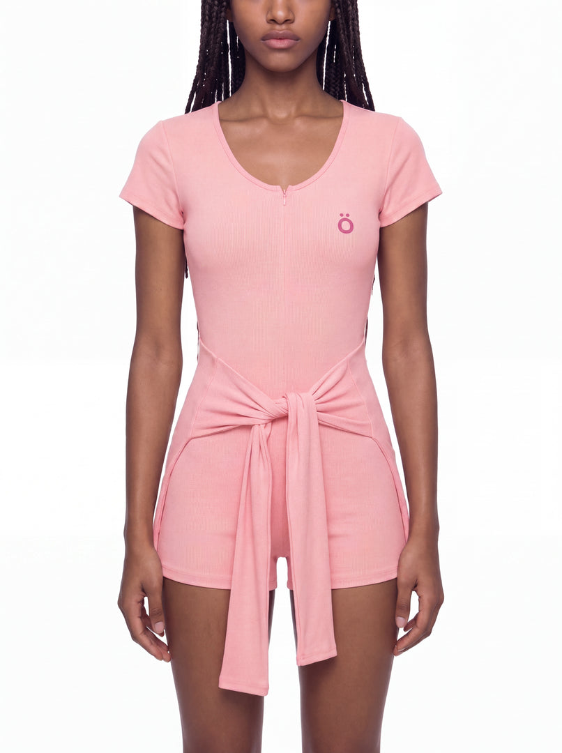 Claudia Dual-Function Cape Tie-Waist Romper - In Pink