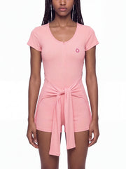Claudia Dual-Function Cape Tie-Waist Romper - In Pink