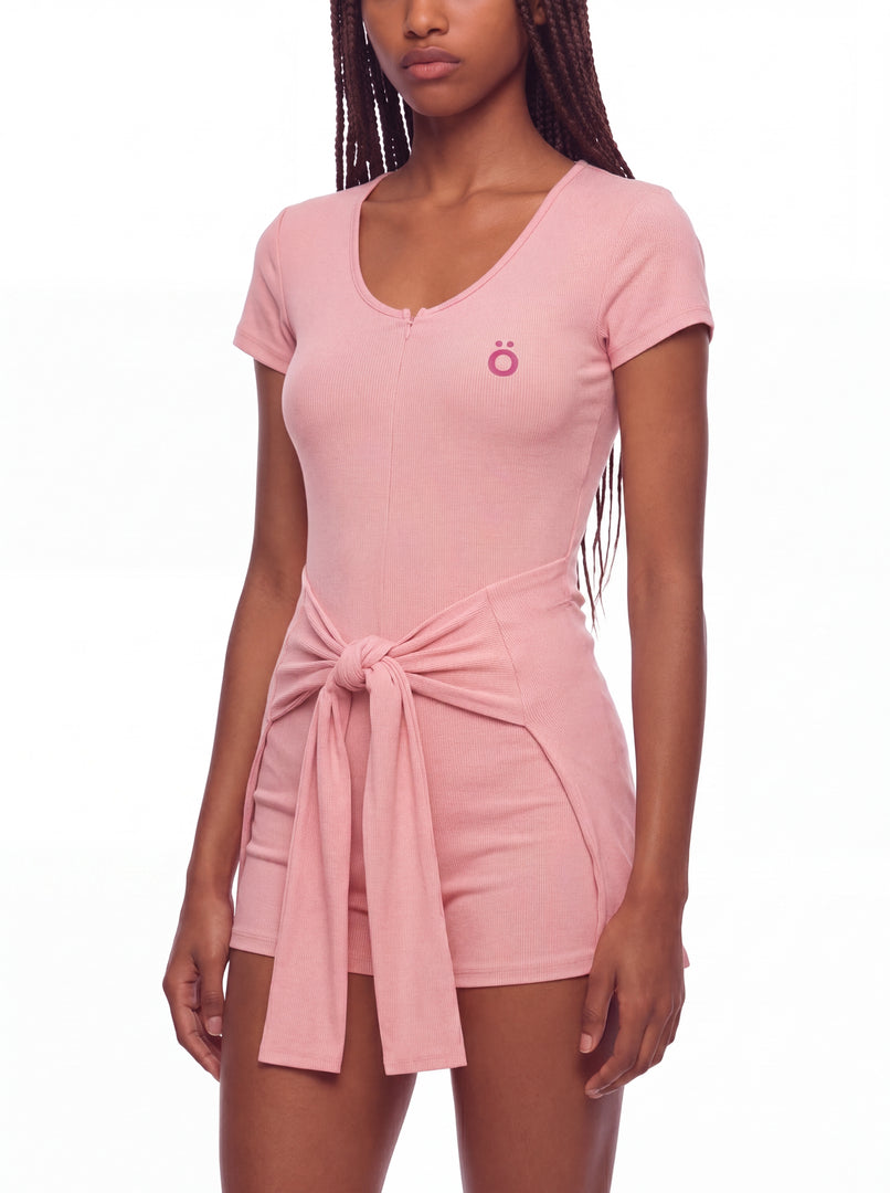 Claudia Dual-Function Cape Tie-Waist Romper - In Pink