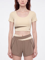 Amara Panelled Crop Yoga T-Shirt - In Khaki