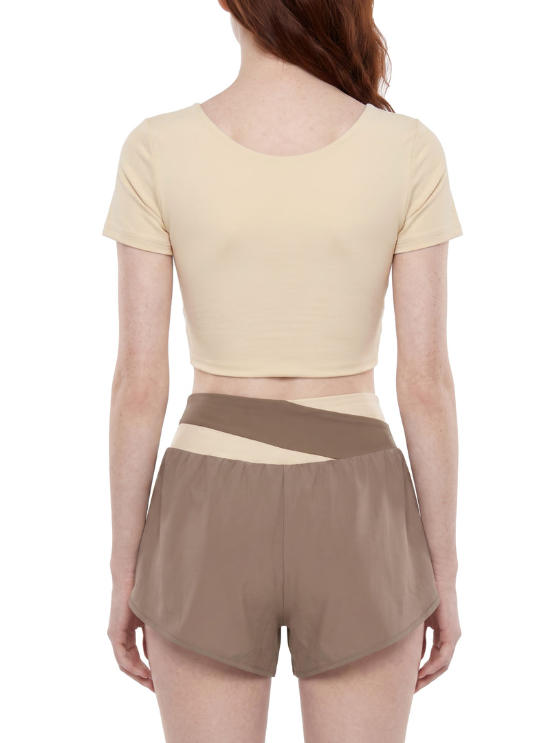 Amara Panelled Crop Yoga T-Shirt - In Khaki