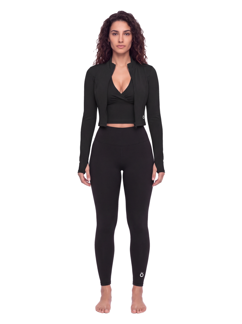 Albina + Arcadia + Honora Cropped Top and Jacket & Leggings 3 Piece Yoga Matching Set - In Black