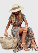 Load image into Gallery viewer, Women's Paisley Print Maxi Dress V Neck Short Sleeve Belted Side Slit Flowing Boho Style
