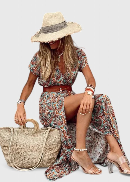 Women's Paisley Print Maxi Dress V Neck Short Sleeve Belted Side Slit Flowing Boho Style