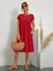 Women's Red Smocked Midi Dress Round Neck Short Sleeve Pockets Casual Summer Style
