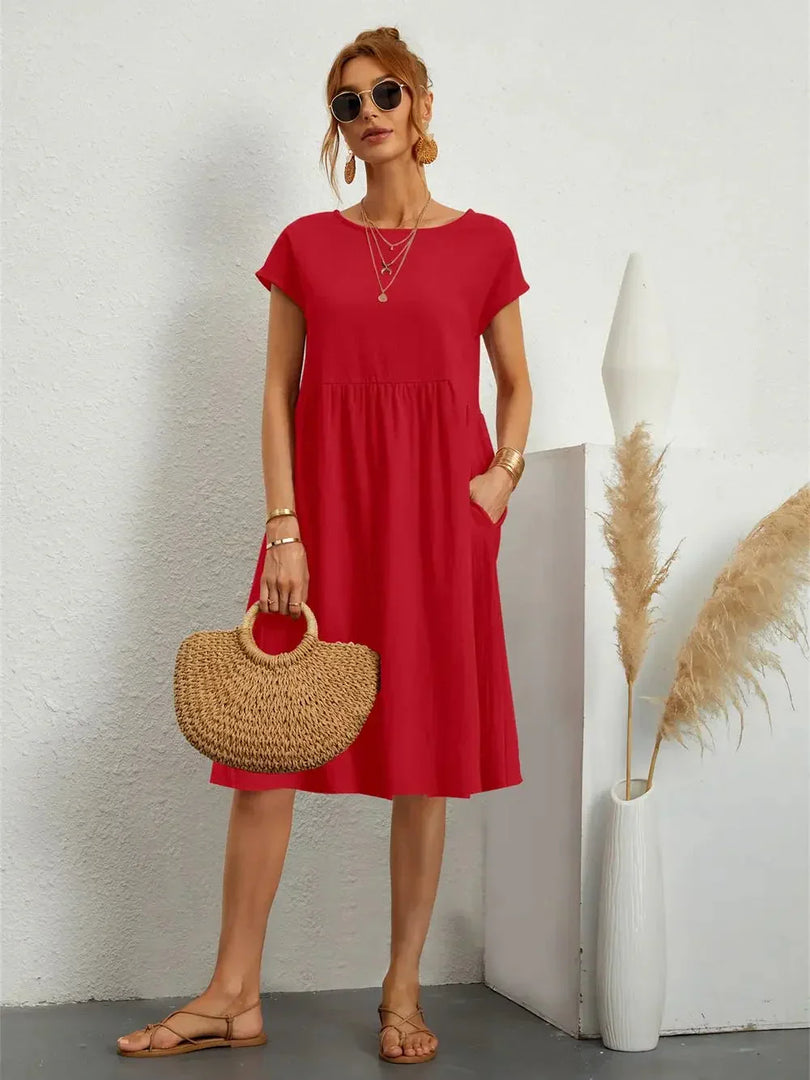 Women's Red Smocked Midi Dress Round Neck Short Sleeve Pockets Casual Summer Style