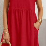 Load image into Gallery viewer, Women's Red Smocked Midi Dress Round Neck Short Sleeve Pockets Casual Summer Style
