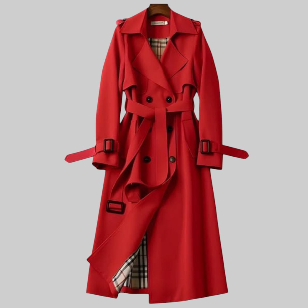 Women's Trench Coat Lapel Collar Belted Waist Double Breasted Longline Style