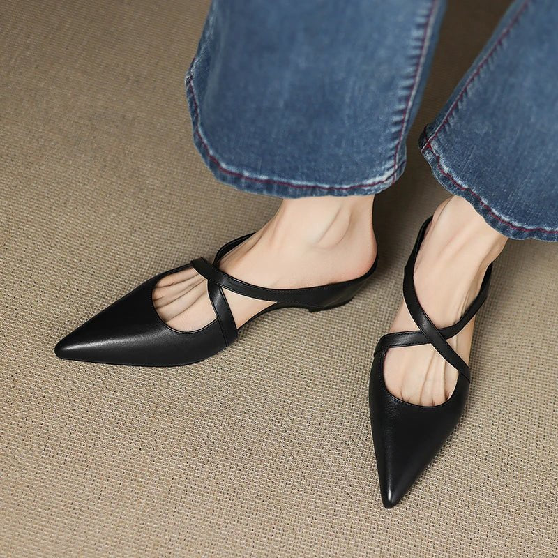 Women's Red Flats Cross Strap Pointed Toe Slingback Style
