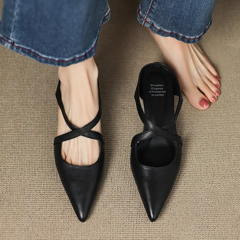 Women's Red Flats Cross Strap Pointed Toe Slingback Style