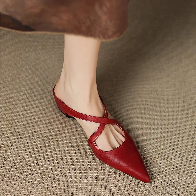 Women's Red Flats Cross Strap Pointed Toe Slingback Style