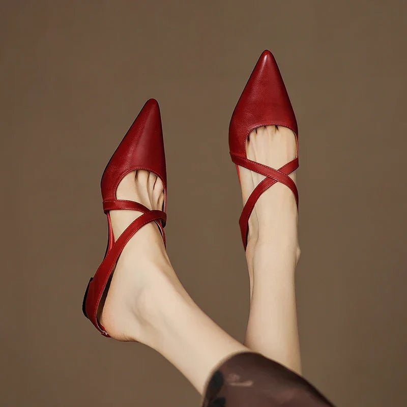 Women's Red Flats Cross Strap Pointed Toe Slingback Style