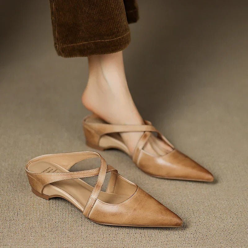 Women's Red Flats Cross Strap Pointed Toe Slingback Style
