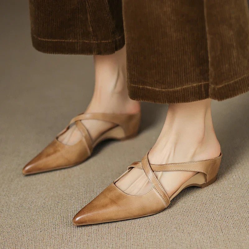 Women's Red Flats Cross Strap Pointed Toe Slingback Style