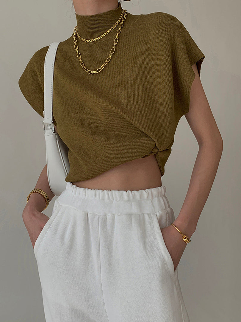Women's Sleeveless Top High Neck Cap Sleeve Knit Casual Style