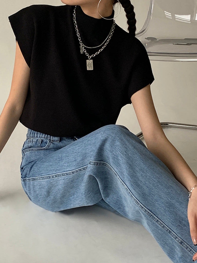 Women's Sleeveless Top High Neck Cap Sleeve Knit Casual Style