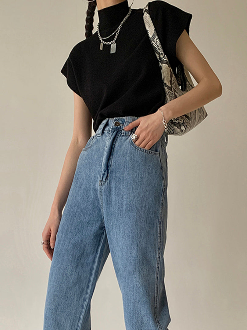Women's Sleeveless Top High Neck Cap Sleeve Knit Casual Style