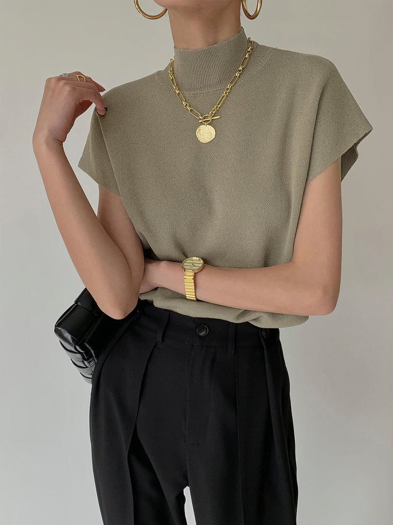 Women's Sleeveless Top High Neck Cap Sleeve Knit Casual Style