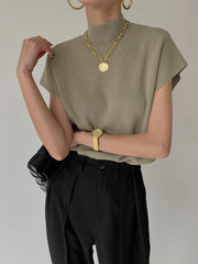 Women's Sleeveless Top High Neck Cap Sleeve Knit Casual Style