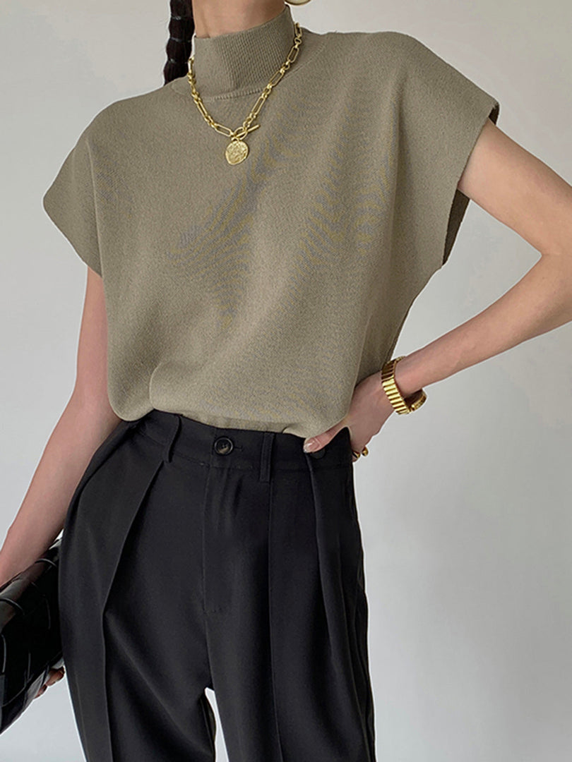 Women's Sleeveless Top High Neck Cap Sleeve Knit Casual Style