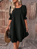 Load image into Gallery viewer, Women's Linen a Line Dress Round Neck Puff Sleeve Ruffle Hem Mini Casual Summer Style
