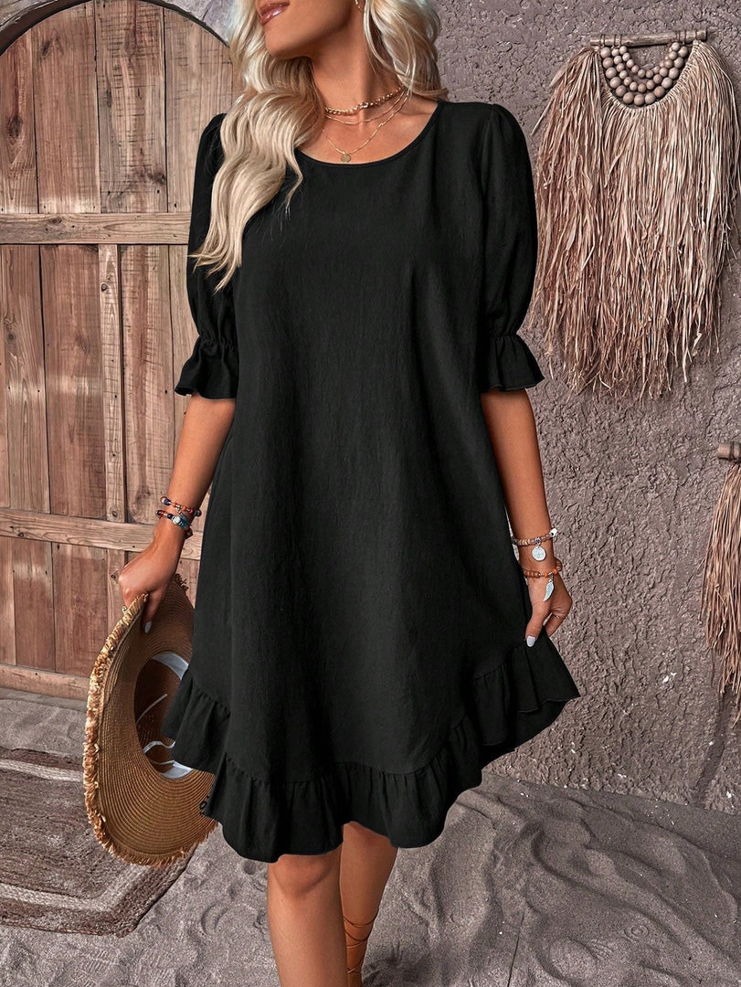 Women's Linen a Line Dress Round Neck Puff Sleeve Ruffle Hem Mini Casual Summer Style