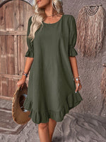Load image into Gallery viewer, Women's Linen a Line Dress Round Neck Puff Sleeve Ruffle Hem Mini Casual Summer Style
