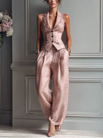 Load image into Gallery viewer, Women's Blush Pink Linen Two Piece Set Sleeveless Lapel Vest Wide Leg Pants Formal Style
