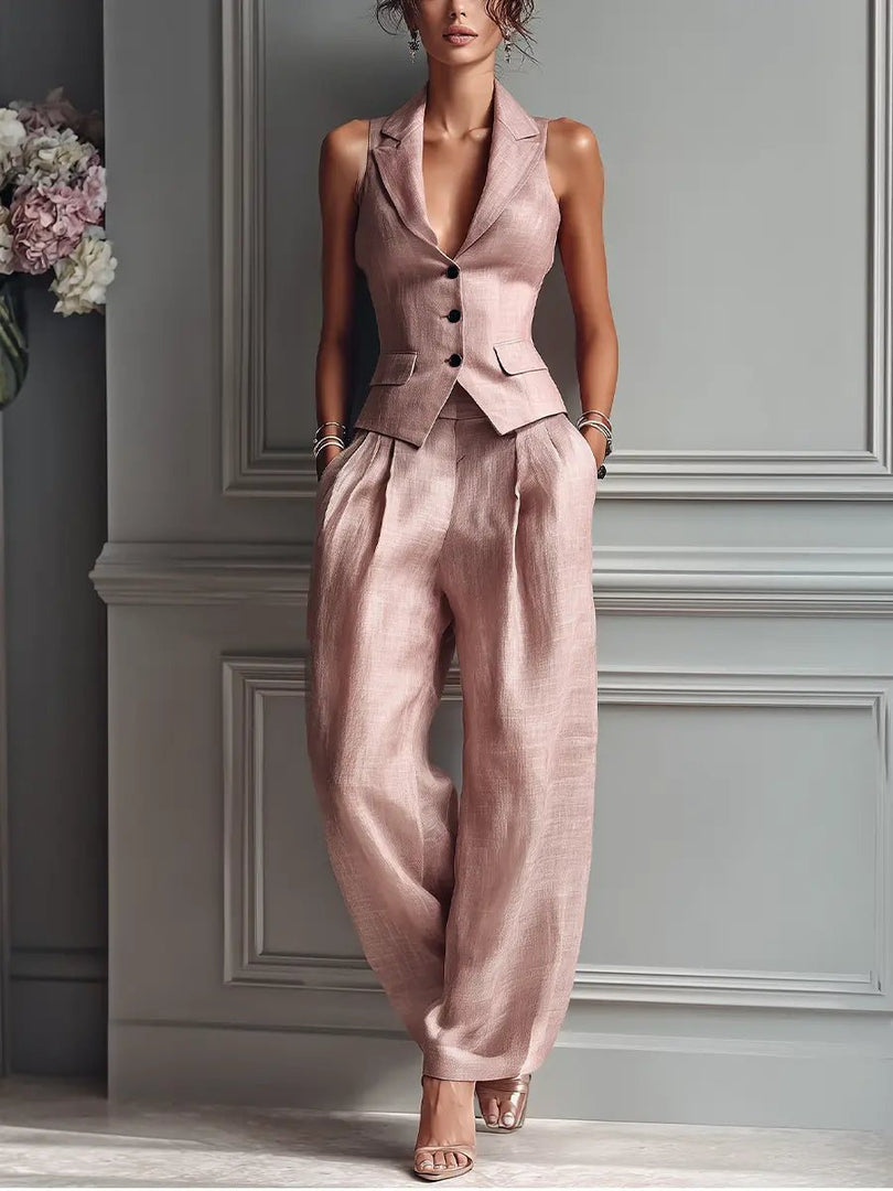Women's Blush Pink Linen Two Piece Set Sleeveless Lapel Vest Wide Leg Pants Formal Style
