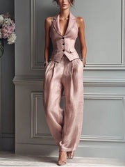 Women's Blush Pink Linen Two Piece Set Sleeveless Lapel Vest Wide Leg Pants Formal Style