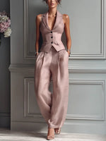 Load image into Gallery viewer, Women's Blush Pink Linen Two Piece Set Sleeveless Lapel Vest Wide Leg Pants Formal Style
