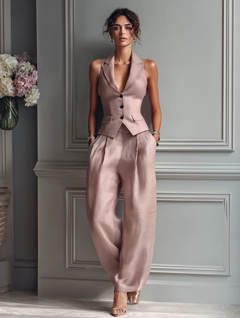 Women's Linen Vest Wide Leg Pants Set Sleeveless Lapel Design
