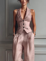 Load image into Gallery viewer, Women's Linen Vest Wide Leg Pants Set Sleeveless Lapel Design
