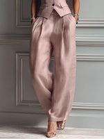Load image into Gallery viewer, Women's Blush Pink Linen Two Piece Set Sleeveless Lapel Vest Wide Leg Pants Formal Style
