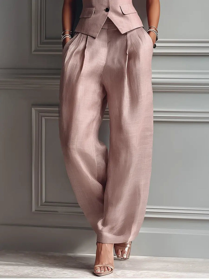 Women's Blush Pink Linen Two Piece Set Sleeveless Lapel Vest Wide Leg Pants Formal Style