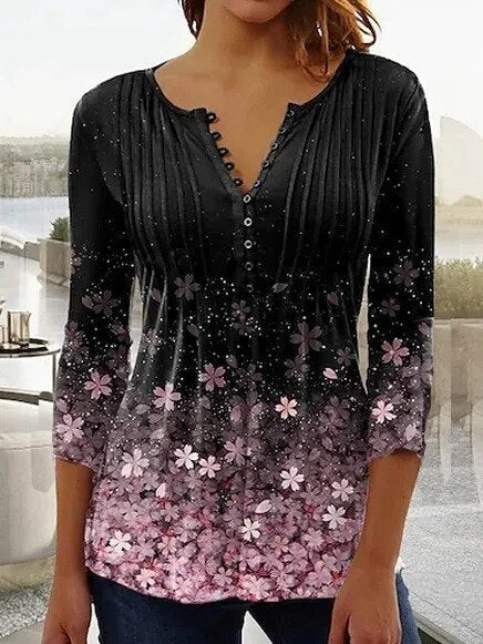 Women's Floral Blouses Long Sleeve Henley Button Placket Relaxed Fit