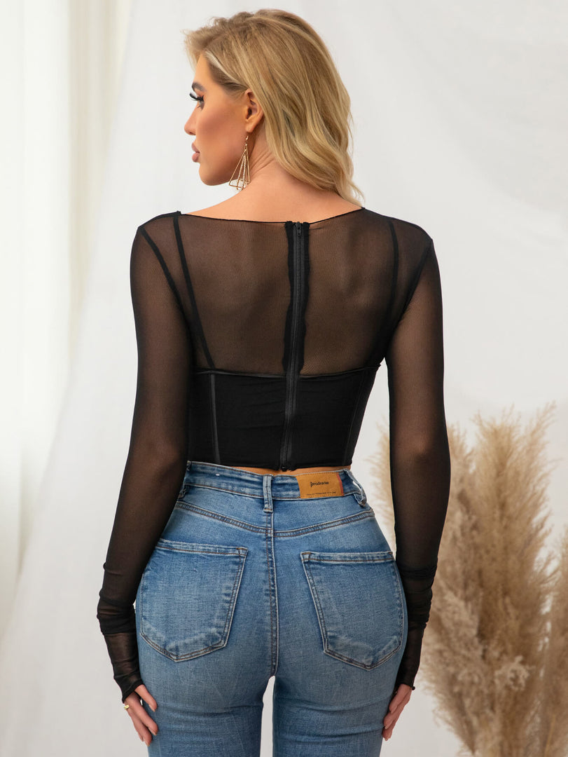 Long Sleeve Cut Out Mesh Corset Top | Formal Event Top