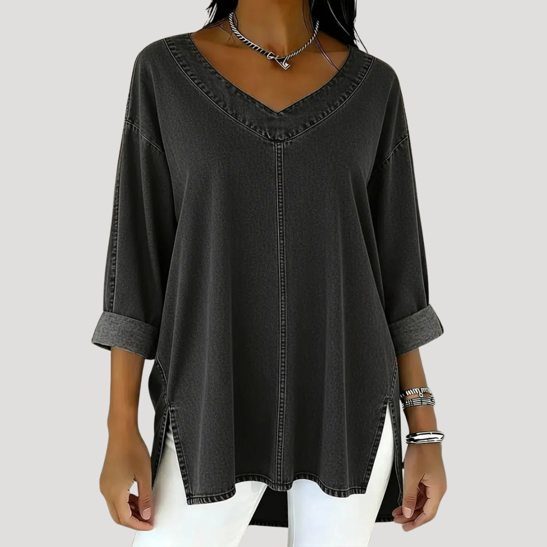 Women's Tunic Top V Neck Elbow Sleeve Side Slit Relaxed Style
