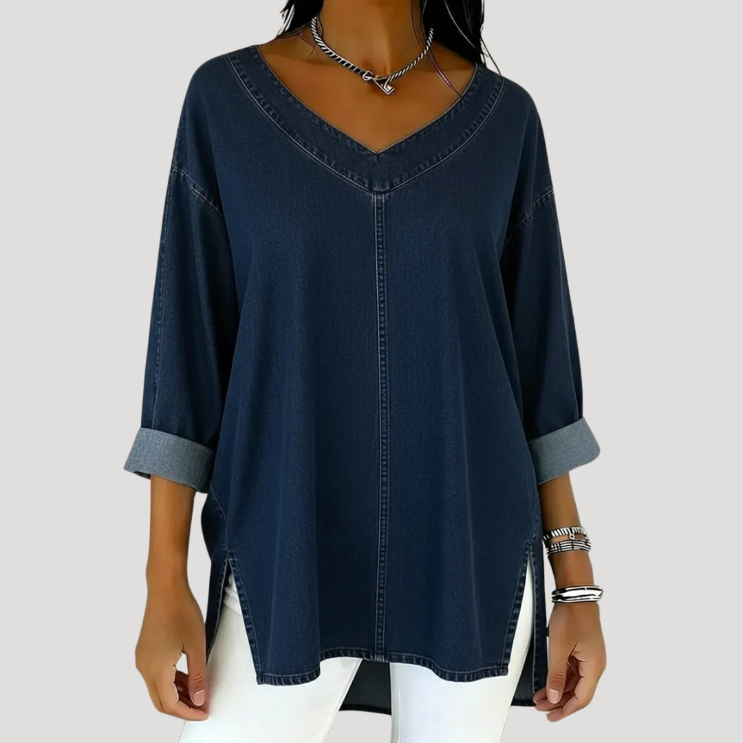 Women's Tunic Top V Neck Elbow Sleeve Side Slit Relaxed Style