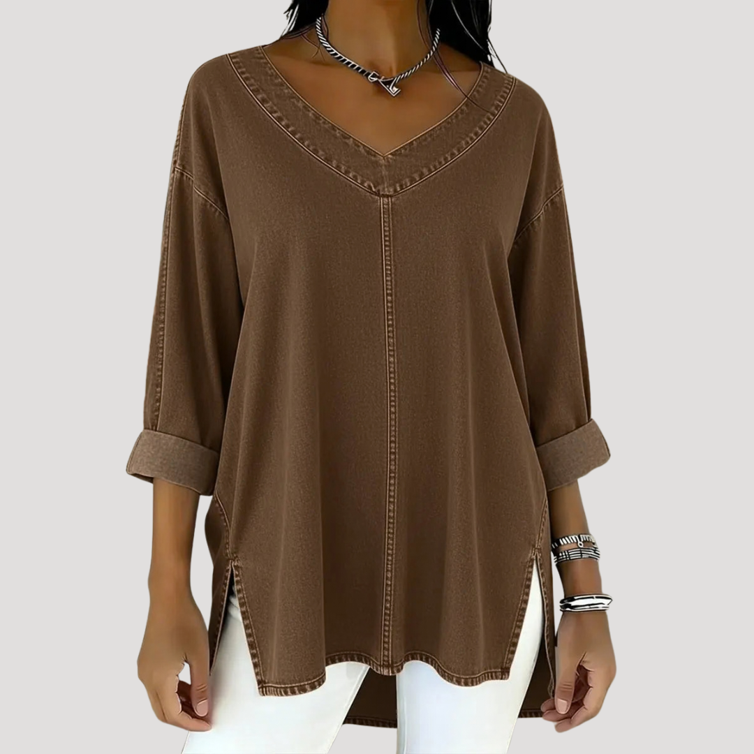 Women's Tunic Top V Neck Elbow Sleeve Side Slit Relaxed Style