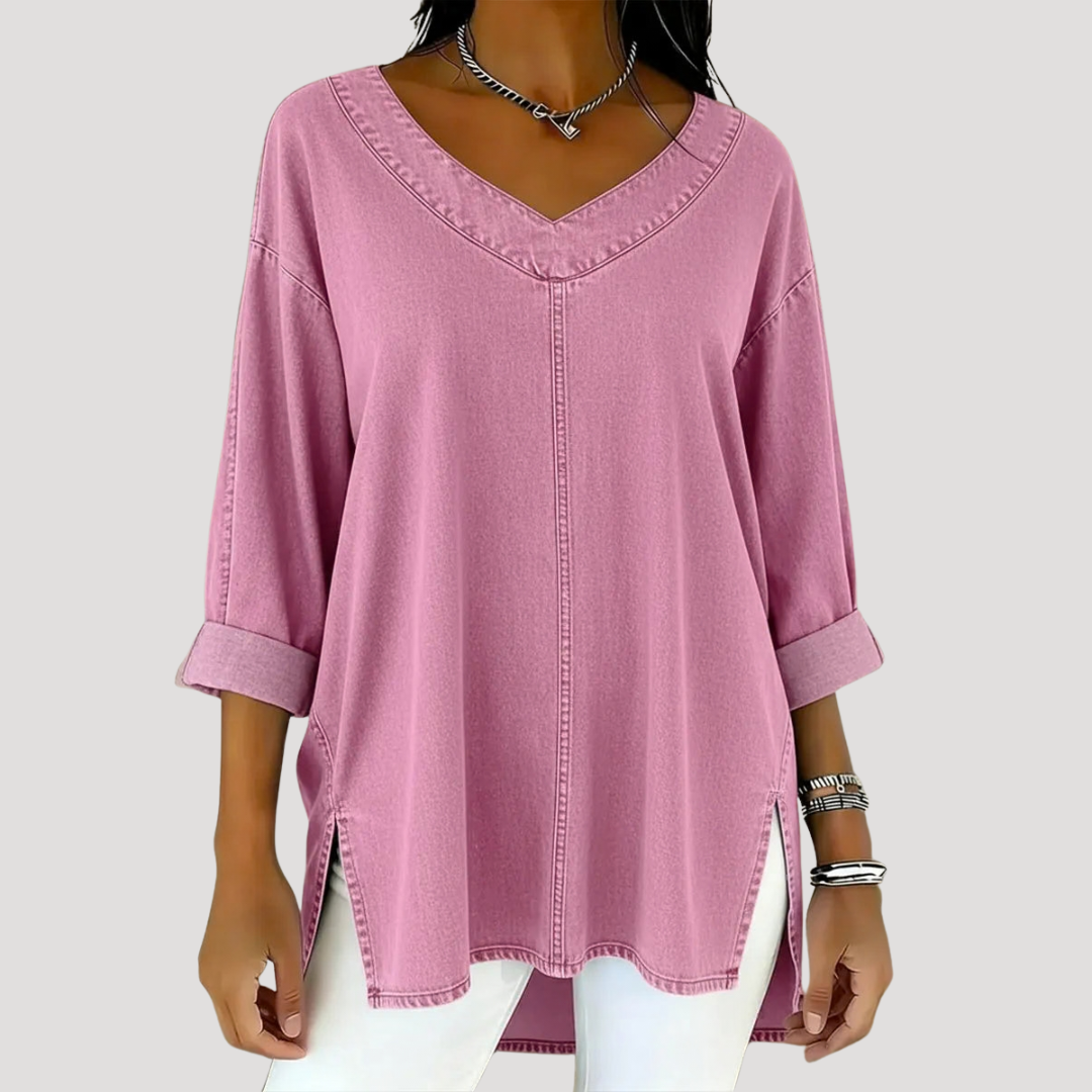 Women's Tunic Top V Neck Elbow Sleeve Side Slit Relaxed Style