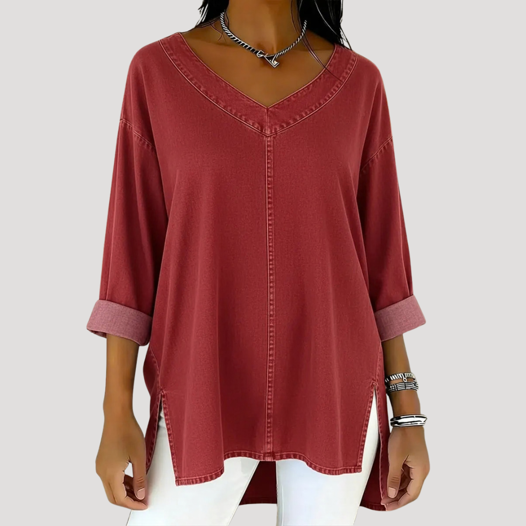 Women's Tunic Top V Neck Elbow Sleeve Side Slit Relaxed Style