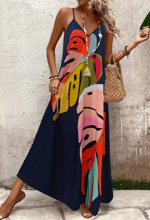 Women's Abstract Print Maxi Dress V Neck Spaghetti Strap Flowing Sundress Style