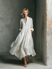 Women's White Maxi Dress Stand Collar Button Placket Long Sleeve Tiered Linen Casual Style