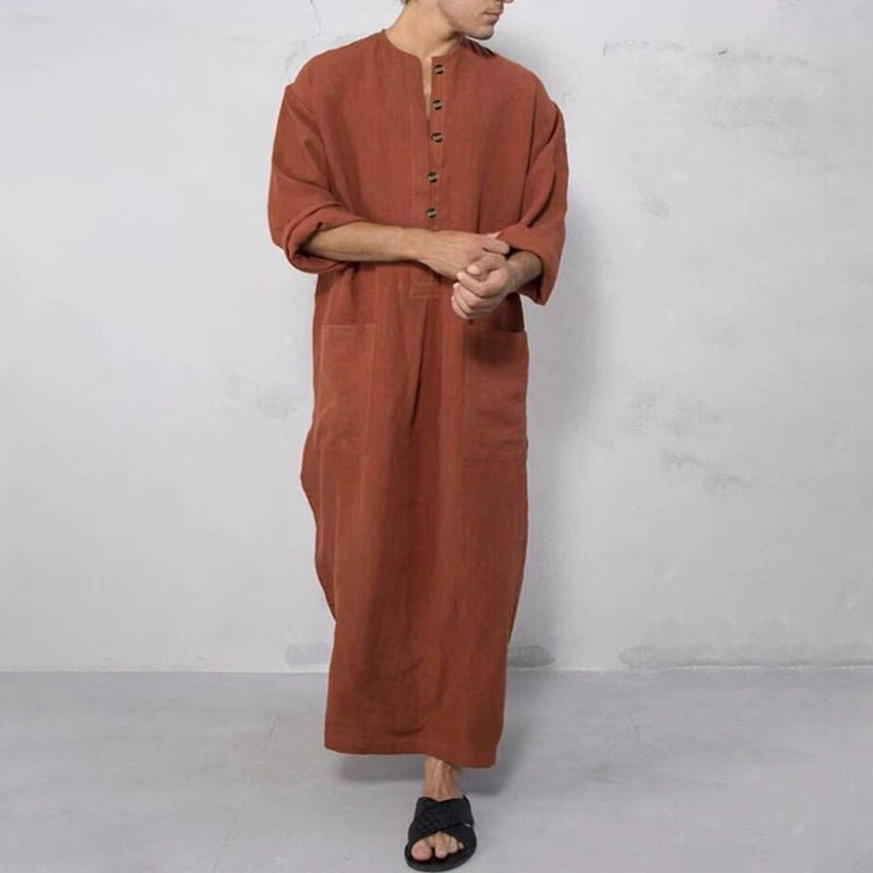 Women's Linen Tunics Stand Collar Button Placket Relaxed Maxi Style