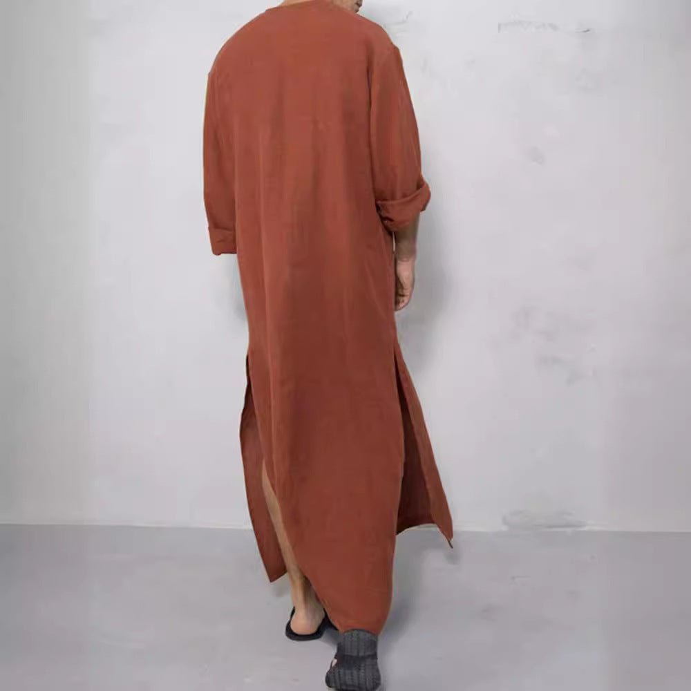 Women's Linen Tunics Stand Collar Button Placket Relaxed Maxi Style