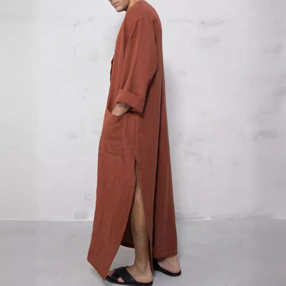 Women's Linen Tunics Stand Collar Button Placket Relaxed Maxi Style