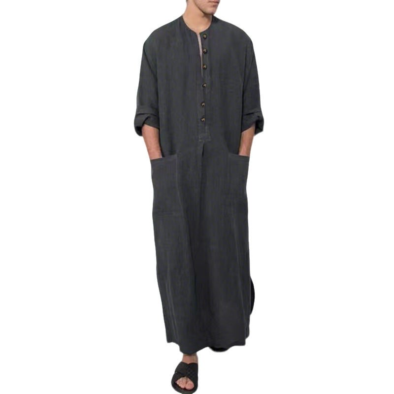 Women's Linen Tunics Stand Collar Button Placket Relaxed Maxi Style