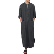 Women's Linen Tunics Stand Collar Button Placket Relaxed Maxi Style